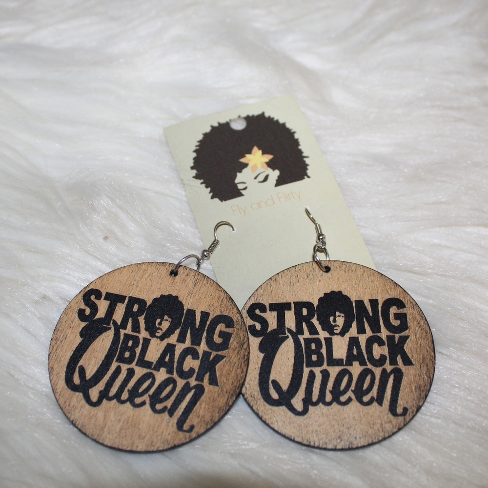 Strong Black Queen Wood Fashion Statement Earrings NWT